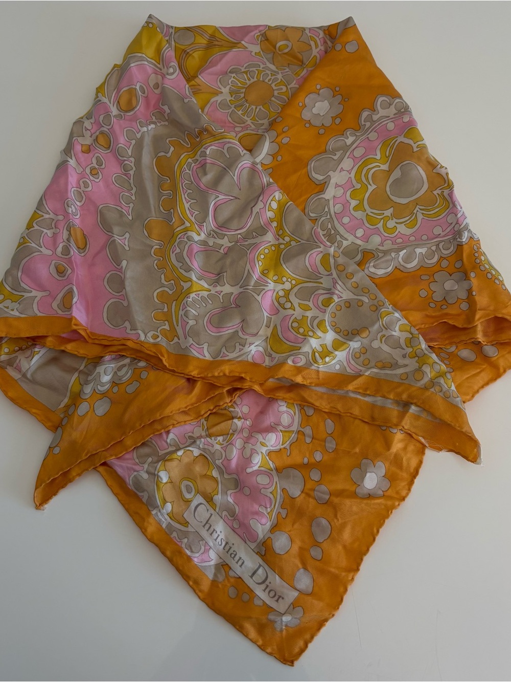 Christian Dior Vintage Silk Scarf in Mustard Yellow & Pink Paisley